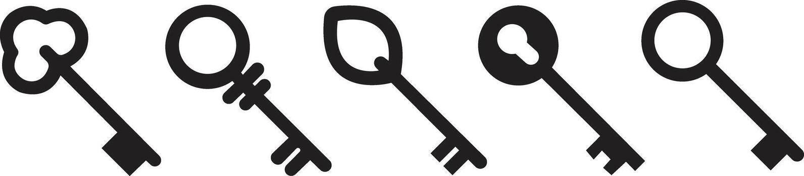 Key icon symbol flat style set. Door or house key to unlock lock collection. Security system concept represented by outline and silhouette key sign group vector