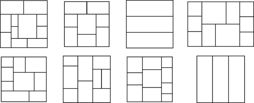 Grid and collage layout icons set, photo frames, mosaic, and template collection, outline graphic group, editable design elements for creative, web, and decorative projects vector