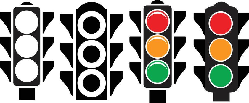 Set Red Yellow green Traffic Light icon. Collection Traffic signal sign. Group Stoplight, Wait signal, Go signal Road Instruction, regulation symbol, traffic rules design element vector