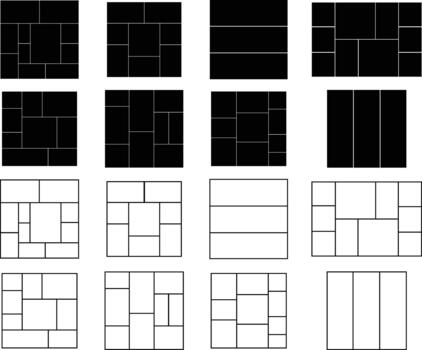 Grid and collage layout icons set, photo frames, mosaic, and template collection, solid and outline graphic group, editable design elements for creative, web, and decorative projects vector