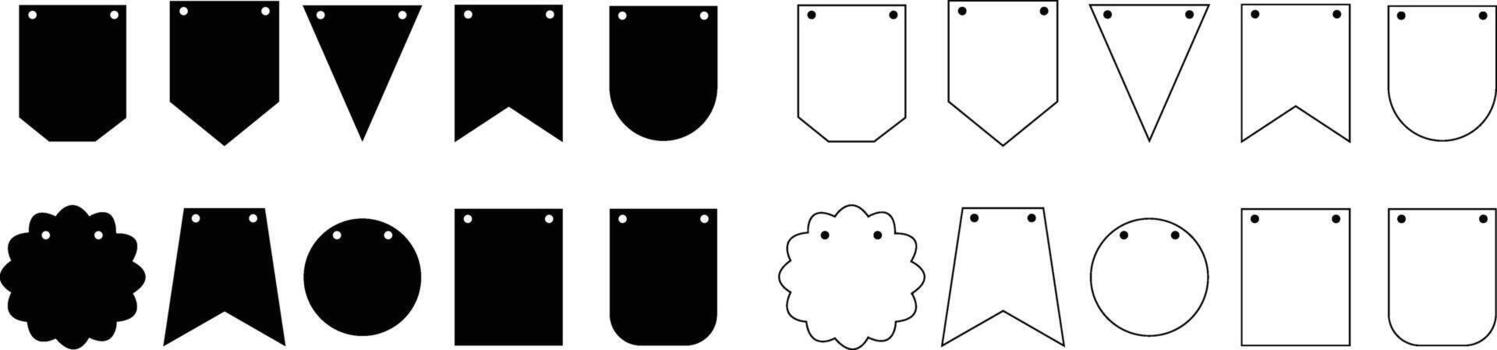 Bunting banner and flag icons set in flat and line style, For party, birthday, celebration, anniversary and wedding event and for card, template app or website vector