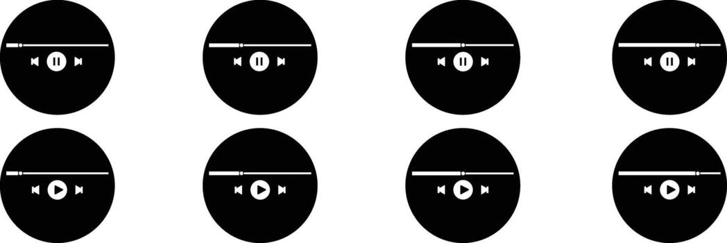 Media player controls icons set, collection and group of play, pause, stop, forward, backward, and progress bar buttons in flat, solid, circle style for digital design projects vector