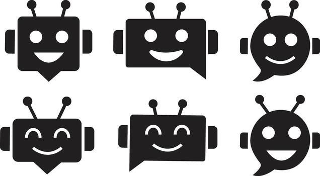 Chatbot flat icons set, virtual robot assistant signs collection and AI helper group. Customer support bot, conversation automation, messenger dialogue, speech bubble, and technology symbols. vector