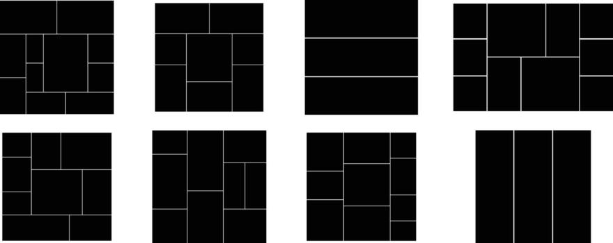 Grid and collage layout icons set, photo frames, mosaic, and template collection, solid graphic group, editable design elements for creative, web, and decorative projects vector