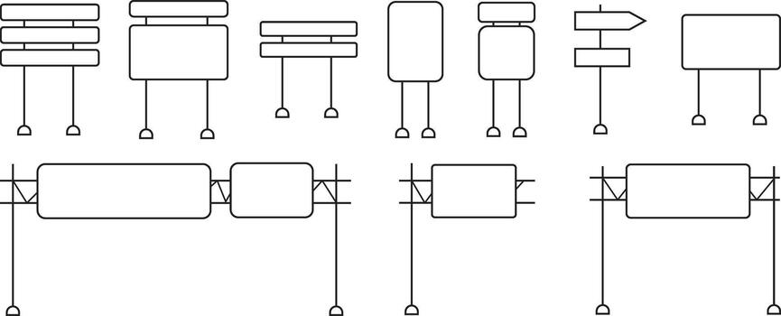 Empty black traffic sign board set, outline road signage icon collection, blank directional graphic group, editable design elements for warning, information, navigation, and transportation projects vector