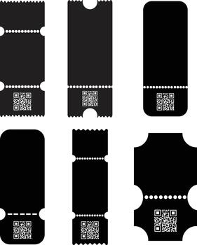 Tickets icons set with QR code, flat admission pass collection, solid graphic group, editable design elements for events, cinema, concert, travel, and entertainment projects vector