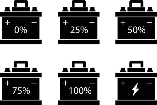 Car battery icons set, automotive, electric power, and energy storage collection with different charge levels, solid graphic group, editable design elements for vehicle and repair projects vector