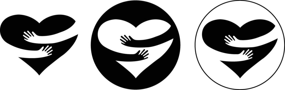 Heart with arm hugging icons set, love, care, and compassion symbol collection, solid graphic group, editable design elements for charity, support, and wellness projects vector