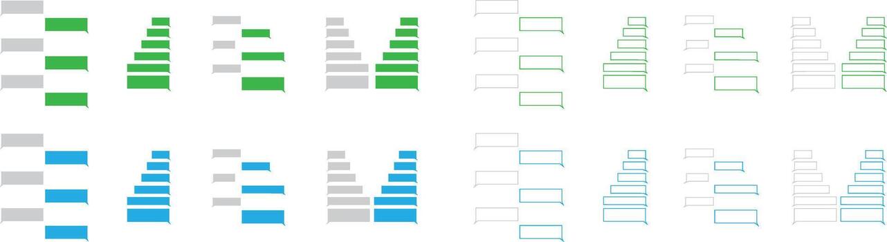 Set of chatting SMS icons with green and blue message bubbles. Conversation symbol collection, text dialog group, mobile chat interface, messaging app, and communication vector