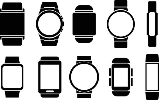 Smart watch icons set, wearable gadget, wristwatch, and fitness tracker collection, solid digital device graphic group, editable design elements for technology, health, and lifestyle projects vector