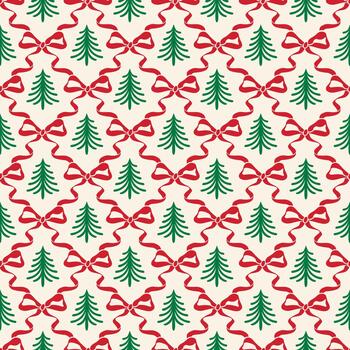 Seamless Christmas Pattern With Bow And Christmas Tree On Ivory Background vector