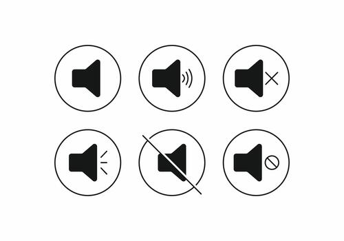 Essential UI speaker icon set showing volume states, full, medium, low, mute, and error. Modern outline for app interface, web design, media player controls, and sound indicators vector
