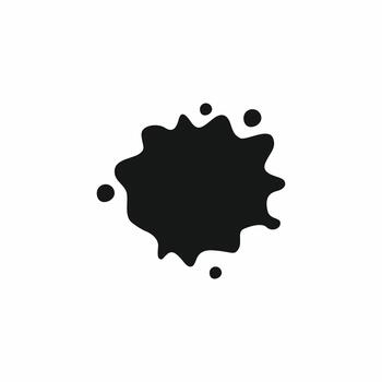 Minimalist round black ink splatter graphic with small surrounding drops. Ideal paint blob or liquid element for simple logo design, abstract backgrounds, and modern art projects. Isolated vector