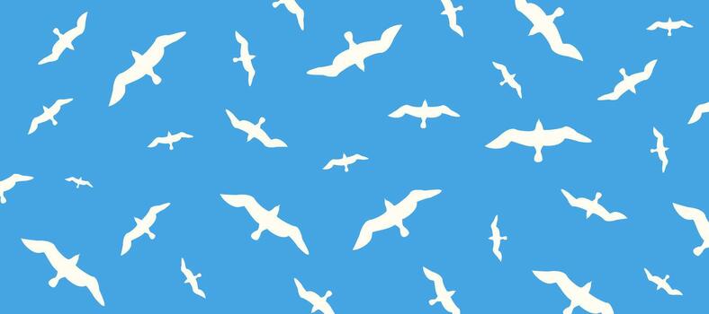 Seagulls soaring in the cloudless blue sky. Horizontal patterned background vector