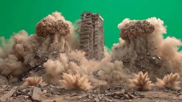 byggnad varelse förstörd förbi ett explosion, omgiven förbi damm moln och skräp på en grön skärm bakgrund video