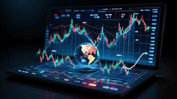 dinámica visualización de global financiero datos en ordenador portátil monitor con interactivo aumentado realidad elementos video