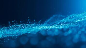 Dynamic particle wave motion with blue glowing abstract stream flow in deep space video
