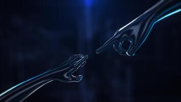 digital förbindelse genom trogen robot händer nå ut i en vibrerande blå ljus miljö, symboliserar innovation och de framtida av människa-maskin samspel och utveckling video