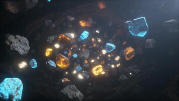 dynamisk digital animering av lysande färgrik stenar drivande genom mörk Plats med varierande texturer och levande luminescens skapande en overkligt modern abstrakt scen video