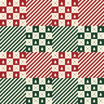 Seamless Christmas pattern with red and green diagonal stripes and tree icons in square blocks. Design for fabric, clothing, wrapping, and holiday decoration. vector
