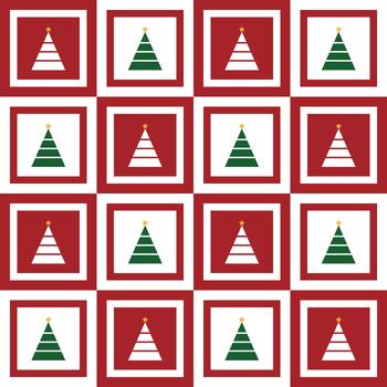 Seamless Christmas pattern featuring green and white trees in red square frames with golden stars. Design for fabric, clothing, wrapping, and festive decoration. vector