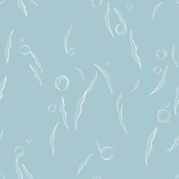 sin costura modelo con mano dibujado elementos de algas marinas y aire burbujas para textil imprimir, fondo de pantalla, envase papel, tela, y náutico diseño. contorno mano dibujado gráfico ilustración en un azul vector