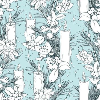 A seamless pattern with pine and snowberry branches and candles. A hand-drawn monochrome line art graphic illustration with pen and ink. Christmas, winter, and New Year s print on a blue background. vector