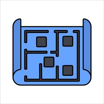 Blueprint Flat design style rolled plan symbolizing architectural layouts ideal for design drafts and project planning. vector