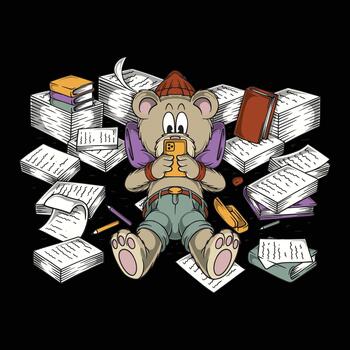 Retro Hipster Bear Cartoon Mascot Lying Down Scrolling Between Stacks of Books and Work Papers vector