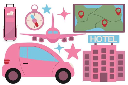 App icon travel set with airplane hotel map car compass and suitcase for menus and dashboards vector