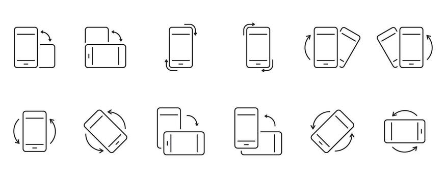 Smartphone Screen Rotation Icon Set. Mobile Phone Orientation Change With Arrows and Motion Indication Outline Symbol Collection. Editable Stroke. Isolated Illustration vector