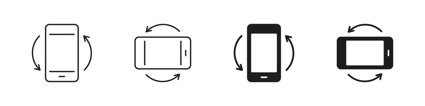 Phone Screen Turning Line and Solid Icon Set. Mobile Device Rotation With Arrows Showing Interaction, Motion and Orientation Adjustment Symbol Collection. Isolated Illustration vector