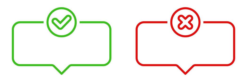 Green Check And Red Cross Speech Bubble Line Icons. Approval And Rejection Decision-Making Outline Symbols. Communication And Feedback Indicators. Isolated Illustration vector