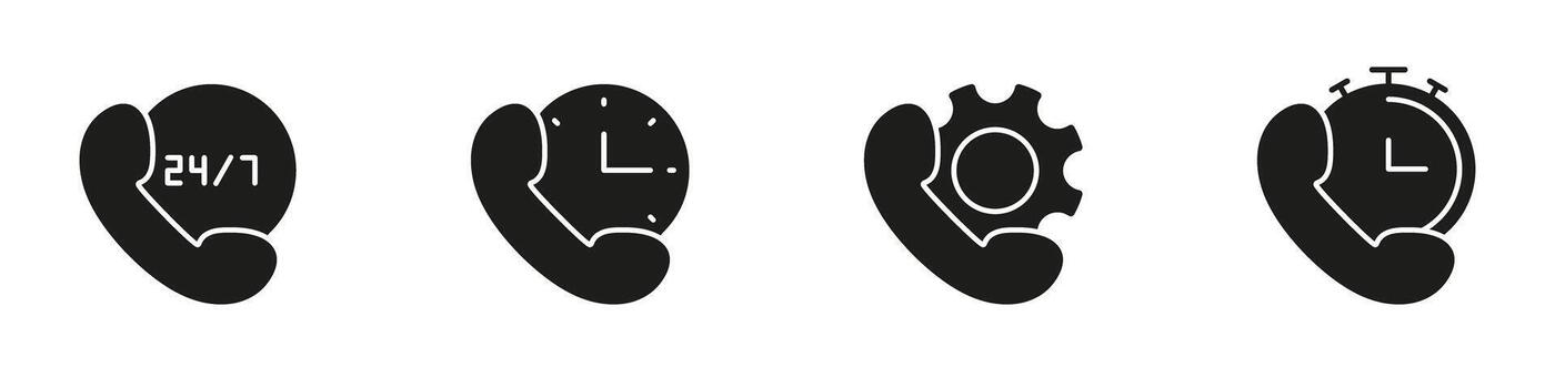 Phone Service Icons Solid Icon Set. Customer Support, 24-7 Availability, Technical Assistance, And Time Management Silhouette Symbol. Communication And Efficiency. Isolated Illustration vector