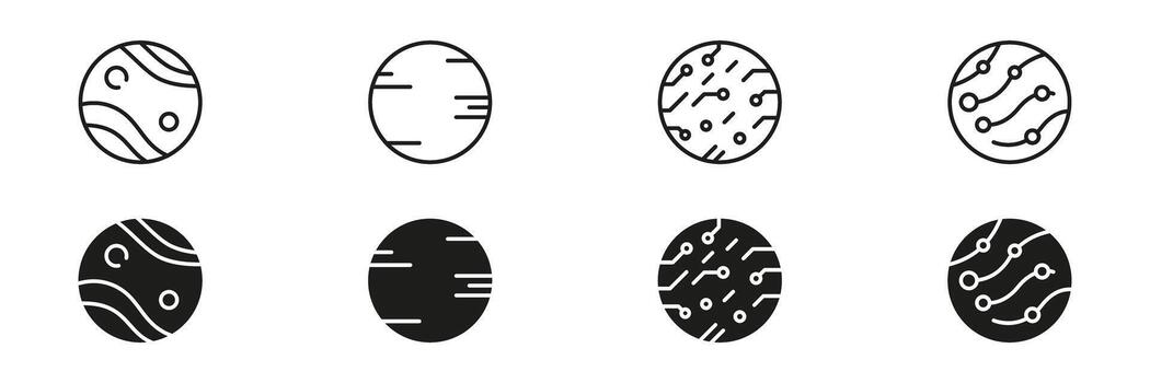 Planetary Surface And Circuit Pattern Line And Solid Icon Set. Space Exploration, Technology Integration, And Digital Connectivity Outline And Silhouette Symbol. Isolated Illustration vector