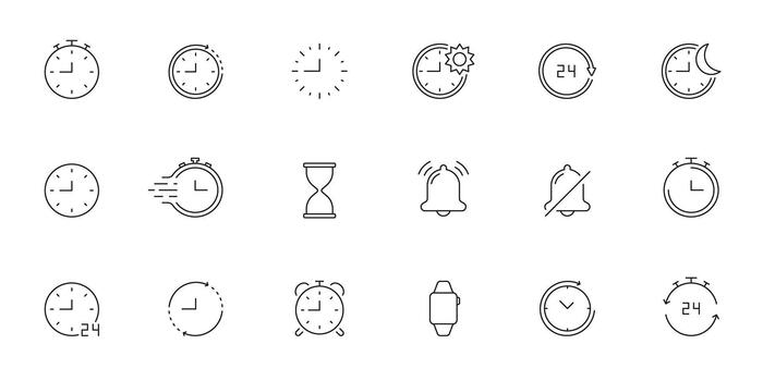 Clock And Time Management Line Icon Set. Timekeeping, Scheduling, And Alarm Symbol Collection. Stopwatch, Hourglass, And Smartwatch Outline Icons. Editable Stroke. Isolated Illustration vector
