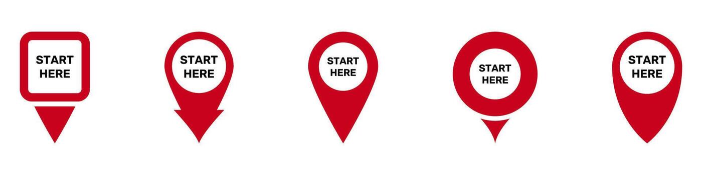 Start Here Location Pin Red Icon Set. Navigation, Beginning Point, And Map Marker Silhouette Symbol Collection. Directional Guidance And Route Planning. Isolated Illustration vector