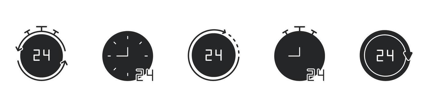 24 horas reloj y Temporizador sólido icono colocar. hora gestión, diario Planificación, y continuo operación silueta símbolo. eficiente planificación y productividad herramientas. aislado ilustración vector