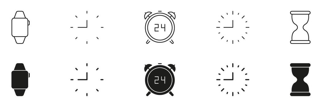 reloj inteligente, reloj, alarma, y reloj de arena icono colocar. hora gestión, Planificación, y cuenta regresiva rastreo contorno y silueta símbolo recopilación. eficiente planificación herramientas. aislado ilustración vector