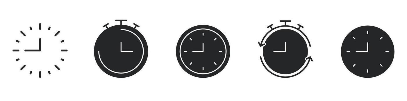 Clock And Stopwatch Solid Icon Set. Time Management, Scheduling, And Countdown Silhouette Symbol Collection. Efficient Planning And Time Tracking. Isolated Illustration vector
