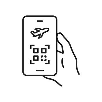 móvil embarque pasar línea icono. digital aerolínea boleto y qr código exploración contorno símbolo. viaje conveniencia y sin contacto registrarse. editable ataque. aislado ilustración vector
