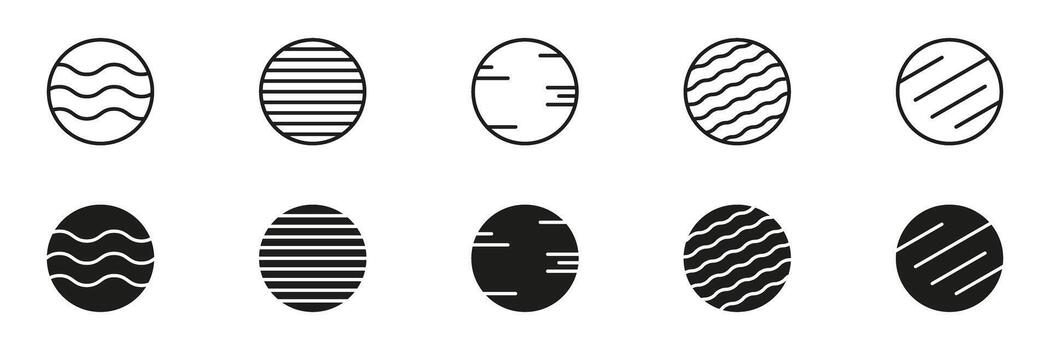 Planet Surface Textures and Line Patterns Icon Set. Astronomy Spheres With Stripes Waves Cosmic Design and Celestial Symbol Collection. Isolated Illustration vector
