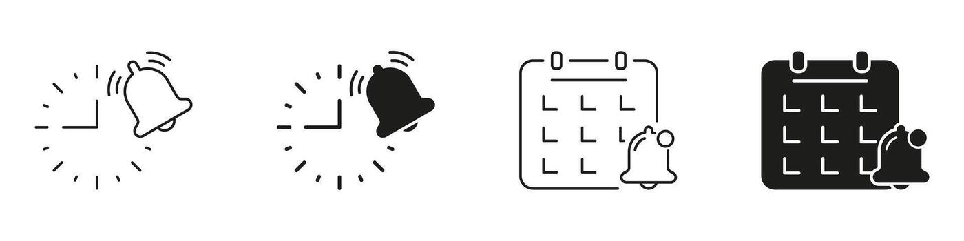 Alarm Clock And Calendar Reminder Icon Set. Time Management, Scheduling, And Notification Outline And Silhouette Symbol Collection. Efficient Planning And Organization. Isolated Illustration vector