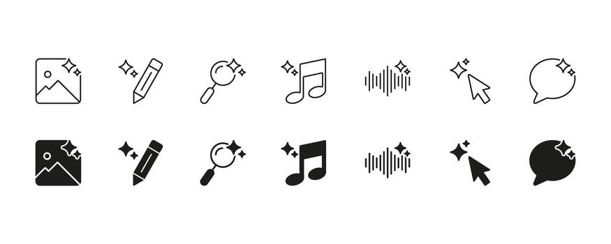 espumoso multimedia y comunicación icono colocar. creativo contenido creación y digital Interacción contorno y silueta icono. visual, audio, y texto edición elementos. aislado ilustración vector