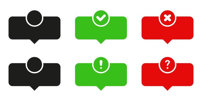 Speech Bubble Frame Border Set With Status Indicators. Communication And Feedback Symbols Collection. Checkmark, Cross, Exclamation and Question Mark. Isolated Illustration vector