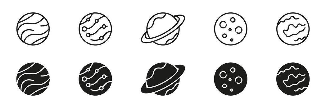 Planet Surface and Crater Line and Solid Icon Set. Astronomy World Sphere Texture Cosmic Object and Exploration Symbol Collection. Editable Stroke. Isolated Illustration vector