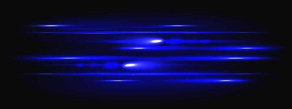azul láser ligero con haz llamarada y neón horizontal racha para tecnología ilustración. brillante línea con digital brillar velocidad efecto en oscuro espacio cubrir. resumen movimiento LED tira vector