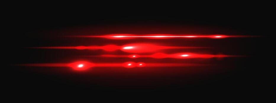 Neon red light with laser beam flare and bright glow for digital technology background. Energy ray with speed shine effect in black space. Abstract horizontal beam transparent vector