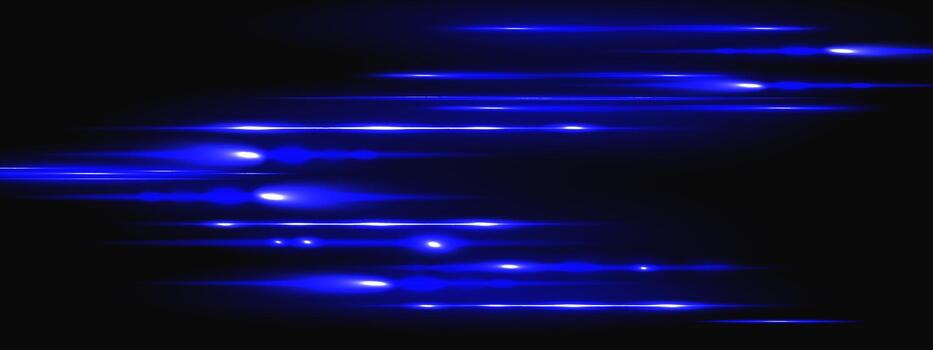 neón azul haz con láser ligero llamarada y horizontal racha para digital antecedentes. brillante línea con brillar resplandor velocidad efecto en oscuro negro espacio. resumen rayo movimiento aislado cubrir vector