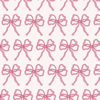 Minimal seamless pattern with ribbon bow outline on a clean white background. Light feminine design perfect for stationery, packaging, fabric and repeat surfaces. vector